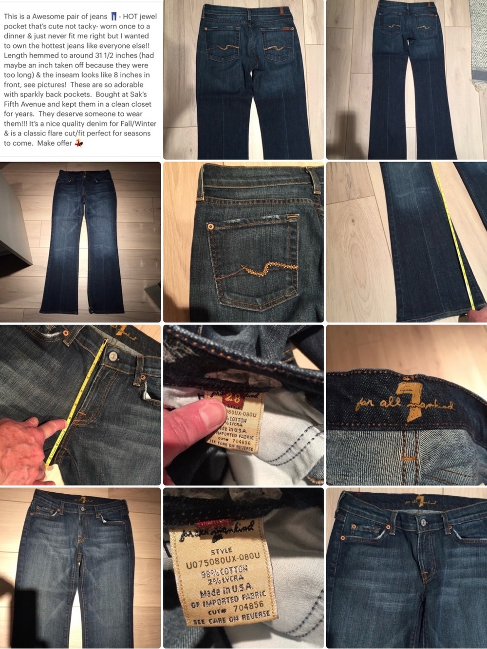 RARE 7 For All Mankind Dark Indigo Bootcut Flare luxe Denim Jewel pockets 28 HOT